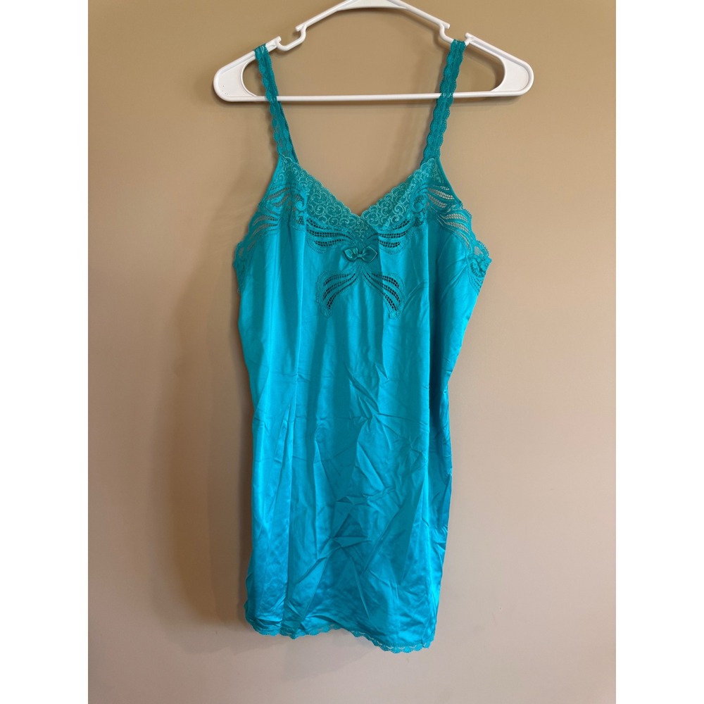 Shadowline Turquoise Blue Lace Trim Slip Dress Nightgown Lingerie Small - Picture 3 of 6